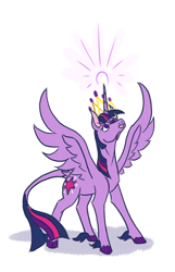 Size: 800x1245 | Tagged: safe, artist:moonrisethemage, imported from derpibooru, twilight sparkle, alicorn, classical unicorn, pony, cloven hooves, colored fetlocks, colored hooves, female, glowing horn, horn, jewelry, leonine tail, looking up, mare, raised head, simple background, solo, spread wings, tiara, twilight sparkle (alicorn), unshorn fetlocks, white background, wings