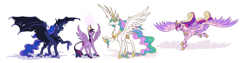 Size: 9600x2400 | Tagged: safe, artist:moonrisethemage, imported from derpibooru, princess cadance, princess celestia, princess luna, twilight sparkle, alicorn, bat pony, bat pony alicorn, classical unicorn, pony, absurd resolution, alicorn tetrarchy, alternate design, bat ponified, cloven hooves, colored fetlocks, comparison, crown, dragon wings, ethereal fetlocks, ethereal mane, feathered fetlocks, female, galloping, group, hoof shoes, horn, jewelry, large wings, leonine tail, long horn, lunabat, mare, peytral, quartet, race swap, raised hoof, regalia, royal sisters, shoulder feathers, simple background, sisters, smiling, spread wings, tattered, tattered wings, twilight sparkle (alicorn), unshorn fetlocks, white background, wing claws, wings