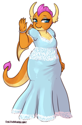 Size: 1919x2941 | Tagged: safe, artist:rainbowsprinklesart, imported from derpibooru, smolder, anthro, dragon, bracelet, chubby, clothes, dragoness, dress, eyeshadow, fat, female, implied weight gain, jewelry, makeup, overweight, plump, princess smolder, sblobder, simple background, solo, white background