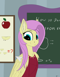 Size: 2270x2885 | Tagged: safe, artist:xenophilie, deleted from derpibooru, imported from derpibooru, fluttershy, pegasus, pony, chalkboard, clothes, ear fluff, female, looking at something, mare, paper airplane, paper plane, sketch, solo, sweater