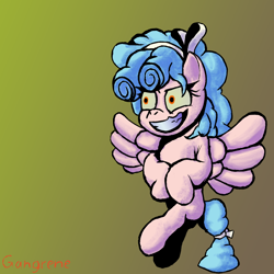 Size: 1024x1024 | Tagged: safe, artist:gangrene, imported from derpibooru, cozy glow, pegasus, pony, evil, evil grin, female, filly, gradient background, grin, hairband, smiling, solo, watermark, yellow eyes