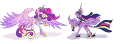 Size: 1600x582 | Tagged: safe, artist:moonrisethemage, imported from derpibooru, princess cadance, twilight sparkle, alicorn, pony, chest feathers, colored fetlocks, colored wings, crown, crystal, crystal fetlocks, duo, element of generosity, element of kindness, element of laughter, element of magic, elements of harmony, ethereal mane, feathered fetlocks, female, future, gradient wings, hoof shoes, horn, jewelry, large wings, leonine tail, long description, long horn, mare, peytral, pointy horn, raised hoof, regalia, shoulder feathers, simple background, spread wings, tail feathers, twilight sparkle (alicorn), ultimate cadance, ultimate twilight, unshorn fetlocks, white background, wings