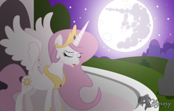 Size: 2000x1282 | Tagged: safe, artist:appletaffy, artist:zombies-pudding, imported from derpibooru, princess celestia, alicorn, pony, lullaby for a princess, balcony, crying, eyes closed, female, jewelry, mare, mare in the moon, moon, night, open mouth, pink-mane celestia, regalia, solo, spread wings, stars, vector, wings, younger