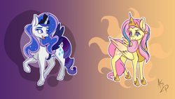 Size: 1920x1080 | Tagged: safe, artist:appletaffy, artist:zombies-pudding, imported from derpibooru, fluttershy, rarity, pegasus, pony, unicorn, testing testing 1-2-3, clothes, cosplay, costume, cutie mark, cutie mark background, duo, ethereal mane, fake horn, fake wings, female, jewelry, looking at you, lunarity, mare, open mouth, raised hoof, redraw, regalia, shylestia, starry mane, wallpaper