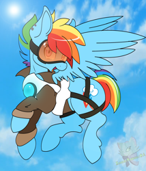 Size: 1708x2000 | Tagged: safe, artist:appletaffy, artist:zombies-pudding, imported from derpibooru, rainbow dash, pegasus, pony, clothes, cloud, crossover, ear piercing, earring, female, flying, goggles, jacket, jewelry, looking at you, mare, open mouth, overwatch, piercing, rainbow tracer, sky, solo, straps, tracer