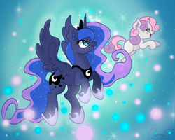 Size: 2500x2000 | Tagged: safe, artist:appletaffy, artist:zombies-pudding, imported from derpibooru, princess luna, sweetie belle, alicorn, pony, unicorn, for whom the sweetie belle toils, blank flank, blushing, dream realm, dream walker luna, duo, ear fluff, ethereal mane, female, filly, floating, flying, hair over one eye, happy, jewelry, mare, open mouth, regalia, spread wings, starry mane, wings