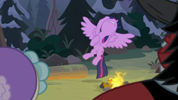 Size: 1920x1080 | Tagged: safe, imported from derpibooru, screencap, cozy glow, lord tirek, queen chrysalis, twilight sparkle, alicorn, centaur, pegasus, pony, frenemies (episode), campfire, disguise, disguised changeling, fake twilight, female, filly, forest, log, mare, solo focus, the pathetic princess thing, twilight sparkle (alicorn)