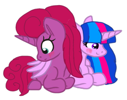 Size: 1123x890 | Tagged: safe, artist:徐詩珮, imported from derpibooru, oc, oc:betty pop, oc:vesty sparkle, alicorn, pony, unicorn, alicorn oc, base used, bettyvesty, blushing, female, hug, lesbian, magical lesbian spawn, mare, next generation, oc x oc, offspring, offspring shipping, parent:flash sentry, parent:glitter drops, parent:tempest shadow, parent:twilight sparkle, parents:flashlight, parents:glittershadow, shipping, simple background, transparent background, winghug