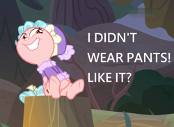 Size: 984x720 | Tagged: safe, edit, edited screencap, imported from derpibooru, screencap, cozy glow, pegasus, pony, frenemies (episode), bow, caption, clothes, coat, female, filly, hair bow, hat, image macro, sitting, tail bow, text, we don't normally wear clothes