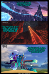 Size: 2560x3840 | Tagged: safe, artist:astralmelodia, imported from derpibooru, oc, oc:equinox (astralmelodia), oc:solstice (astralmelodia), alicorn, unicorn, comic:era of night, city, cloud, comic, futuristic, lava, lightning, mountain, ocean, portal, scenery, smoke, sunrise, text, thunderstorm, volcano