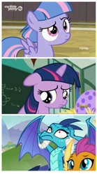 Size: 935x1682 | Tagged: safe, edit, imported from derpibooru, screencap, princess ember, smolder, twilight sparkle, wind sprint, dragon, pegasus, pony, unicorn, common ground, school daze, the cutie mark chronicles, chalkboard, claws, confused, discovery family logo, egg, female, filly, filly twilight sparkle, foal, hands on head, horn, meme, pony racism, slit eyes, slit pupils, spread wings, wings, younger