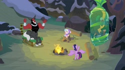 Size: 1920x1080 | Tagged: safe, imported from derpibooru, screencap, cozy glow, lord tirek, queen chrysalis, twilight sparkle, alicorn, centaur, ophiotaurus, pegasus, pony, frenemies (episode), bow, cloven hooves, cocoon, disguise, disguised changeling, fake twilight, female, filly, fire, hair bow, laughing, losers club, male, nose piercing, nose ring, piercing, septum piercing, the pathetic princess thing, trio, twilight sparkle (alicorn)