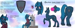 Size: 2048x768 | Tagged: safe, artist:azulagriffon, artist:cyanocitta-blattidae, artist:sagebrush, imported from derpibooru, oc, oc only, oc:quakeponi, pony, unicorn, reference sheet, solo