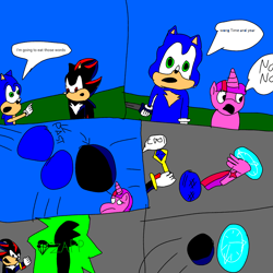 Size: 1000x1000 | Tagged: safe, artist:mylittlebicks, imported from derpibooru, twilight sparkle, comic:time of pony and animals, chaos emerald, crossover, shadow the hedgehog, sonic adventure 2, sonic the hedgehog, sonic the hedgehog (series), time paradox, time travel