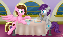 Size: 1024x611 | Tagged: safe, artist:raspberrystudios, imported from derpibooru, oc, oc only, earth pony, pegasus, pony, commission, dinner, friendship, grin, restaurant, smiling, whisper