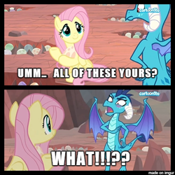 Size: 410x410 | Tagged: safe, edit, edited screencap, imported from derpibooru, screencap, fluttershy, princess ember, dragon, pegasus, pony, sweet and smoky, blushing, caption, cartoonito logo, comic, dragon egg, dragoness, egg, exclamation point, female, image macro, interrobang, mare, meme, question mark, screencap comic, text