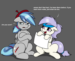 Size: 1652x1344 | Tagged: safe, artist:pencil bolt, edit, imported from derpibooru, oc, oc:artstina, oc:dusty color, earth pony, pegasus, pony, beret, dustina, engrish, female, hat, headband, male, paper