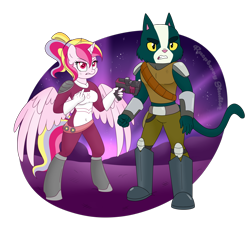 Size: 6464x6104 | Tagged: safe, artist:raspberrystudios, imported from derpibooru, oc, oc:aurelia charm, alicorn, anthro, unguligrade anthro, alicorn oc, alternate universe, angry, avocato (final space), crossover, final space, gun, middle finger, spacesuit, vulgar, weapon