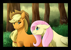 Size: 1280x897 | Tagged: safe, artist:brysfine, imported from derpibooru, applejack, fluttershy, pony, appleshy, blushing, female, lesbian, shipping, tree