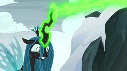 Size: 1920x1080 | Tagged: safe, imported from derpibooru, screencap, queen chrysalis, changeling, changeling queen, frenemies (episode), female, glowing horn, horn, magic, magic drain, solo