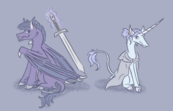 Size: 900x579 | Tagged: safe, artist:moonrisethemage, imported from derpibooru, oc, oc only, oc:iceclipse, oc:moonrise, classical unicorn, dracony, hybrid, unicorn, cloak, clothes, cloven hooves, duo, gray background, horn, leonine tail, long horn, magic, magic aura, simple background, sword, telekinesis, unshorn fetlocks, weapon, wing claws