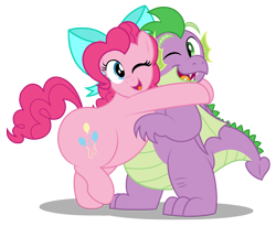 Size: 2000x1640 | Tagged: safe, artist:aleximusprime, imported from derpibooru, pinkie pie, spike, dragon, earth pony, pony, bow, chubbie pie, chubby, chubby spike, cuddly, cute, diabetes, diapinkes, fat, fat spike, female, hug, huggable, male, mare, older, older pinkie pie, older spike, one eye closed, plump, pudgy pie, simple background, transparent background, vector, winged spike, wings, wink