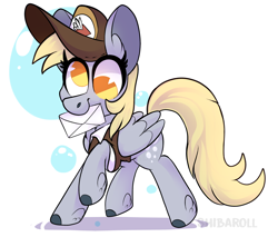 Size: 2534x2160 | Tagged: safe, artist:shibaroll, imported from derpibooru, derpy hooves, pegasus, pony, bubble, cap, clothes, colored hooves, cute, derp, derpabetes, ear fluff, envelope, hat, leg fluff, letter, mailmare, mouth hold, muffin, no pupils, simple background, solo, white background, wings