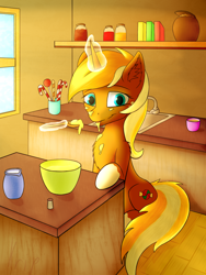 Size: 960x1280 | Tagged: safe, artist:kripperok, imported from derpibooru, caramel, oc, oc:caramelka, unicorn, candies, candy, cream, female, food, kitchen, mare, original character do not steal, room, sweets, table, unicorn oc