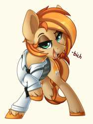 Size: 1200x1600 | Tagged: safe, artist:kellythedrawinguni, artist:thegamblehorse, imported from derpibooru, oc, oc only, oc:parlay, earth pony, pony, clothes, female, freckles, misspelling, necktie, shirt, simple background, text, unshorn fetlocks, vest, vulgar, white background