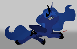 Size: 3144x2012 | Tagged: safe, artist:groomlake, imported from derpibooru, princess luna, alicorn, pony, unicorn, colored, crown, female, horn, jewelry, looking up, mare, on side, regalia, royalty, side, simple, simple background, smiling, solo, tiara, wings