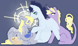 Size: 324x190 | Tagged: safe, artist:eqq_scremble, derpibooru exclusive, imported from derpibooru, derpy hooves, dinky hooves, soarin', oc, pegasus, pony, unicorn, eqqverse, derpin', family, female, freckles, headcanon, lineless, male, next generation, offspring, parent:derpy hooves, parent:doctor whooves, parents:derpin', parents:doctorderpy, shipping, straight