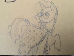 Size: 2048x1536 | Tagged: safe, artist:cadetredshirt, imported from derpibooru, sunburst, pony, unicorn, cloak, clothes, drawing, glasses, horn, looking back, male, pencil drawing, photo, raised hoof, sketch, solo, standing, stars, tan background, traditional art