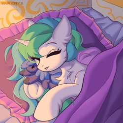 Size: 998x1000 | Tagged: safe, artist:margony, imported from derpibooru, princess celestia, princess luna, alicorn, pony, bed, cute, cutelestia, cuteness overload, daaaaaaaaaaaw, eyes closed, female, filly, happy, hug, in bed, open mouth, plushie, pony holding plushie, royal sisters, sleeping, woona, younger