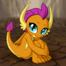 Size: 1200x1200 | Tagged: safe, artist:uotapo, imported from derpibooru, smolder, dragon, season 8, sweet and smoky, blushing, claws, cute, dragoness, female, folded wings, horns, innocent, looking at you, sitting, smiling, smolderbetes, solo, teenaged dragon, teenager, toes, uotapo is trying to murder us, weapons-grade cute