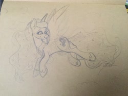 Size: 2048x1536 | Tagged: safe, artist:cadetredshirt, imported from derpibooru, princess luna, alicorn, pony, crown, ear fluff, ethereal mane, eyes open, female, flying, horn, jewelry, lidded eyes, long mane, looking back, mare, on side, pencil drawing, peytral, regalia, relaxed, side, signature, sketch, smiling, solo, sparkles, tan paper, traditional art, wings