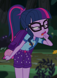 Size: 448x611 | Tagged: safe, imported from derpibooru, screencap, sci-twi, sunset shimmer, twilight sparkle, equestria girls, legend of everfree - bloopers, camp everfree outfits, cropped, female, glasses, offscreen character, ponytail, snarf