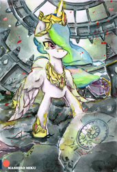 Size: 2257x3309 | Tagged: safe, artist:mashiromiku, imported from derpibooru, princess celestia, alicorn, pony, hoof shoes, patreon, patreon logo, traditional art, watercolor painting