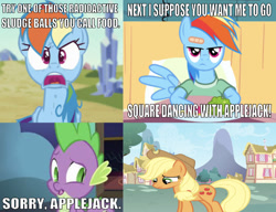 Size: 666x512 | Tagged: safe, edit, edited screencap, editor:undeadponysoldier, imported from derpibooru, screencap, applejack, rainbow dash, spike, dragon, earth pony, pegasus, pony, angry, apology, bandaid, caption, castle, crystal empire, disappointed, female, food, freckles, image macro, just one bite, male, mare, meme, ponyville, ponyville hospital, reference, sad, spongebob squarepants, text, wrong aspect ratio