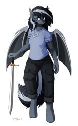 Size: 2044x3300 | Tagged: safe, artist:the-minuscule-task, imported from derpibooru, oc, oc only, oc:shade (jerichoiv), anthro, bat pony, unguligrade anthro, anthro oc, bat pony oc, clothes, female, mare, pants, shirt, simple background, solo, sword, t-shirt, weapon