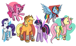 Size: 3667x2247 | Tagged: safe, alternate version, artist:vnagato, imported from derpibooru, applejack, fluttershy, pinkie pie, rainbow dash, rarity, twilight sparkle, cyborg, earth pony, pegasus, pony, unicorn, leak, spoiler:g5, amputee, applejack (g5 concept leak), applejack (g5), bag, bandage, clothes, cowboy hat, ear piercing, earring, earth pony twilight, eyebrow piercing, eyeshadow, flower, flower in hair, fluttershy (g5 concept leak), fluttershy (g5), flying, g5, g5 concept leak style, g5 concept leaks, glasses, goggles, hat, jewelry, makeup, mane six, mane six (g5), necklace, one eye closed, pegasus pinkie pie, piercing, pinkie pie (g5 concept leak), pinkie pie (g5), prosthetic leg, prosthetic limb, prosthetics, race swap, rainbow dash (g5 concept leak), rainbow dash (g5), raised hoof, rarity (g5 concept leak), rarity (g5), saddle bag, scar, scarf, species swap, sports tape, tape, tattoo, twilight sparkle (g5 concept leak), twilight sparkle (g5), unicorn fluttershy, unshorn fetlocks, wink