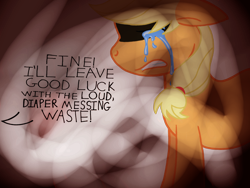 Size: 1024x768 | Tagged: safe, artist:turnaboutart, imported from derpibooru, applejack, earth pony, pony, abuse, crying, hairband, implied oc, jackabuse, memory, offscreen character, text, transparent