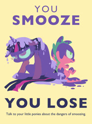 Size: 447x600 | Tagged: safe, artist:uglyfun, deleted from derpibooru, imported from derpibooru, spike, twilight sparkle, unicorn, poster, smoozed, unicorn twilight