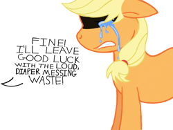 Size: 1024x768 | Tagged: safe, alternate version, artist:turnaboutart, deleted from derpibooru, imported from derpibooru, applejack, earth pony, pony, fanfic:mama applejack, background removed, crying, hairband, implied oc, memory, offscreen character, simple background, text, transparent background