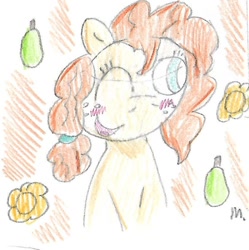 Size: 840x844 | Tagged: safe, artist:ptitemouette, imported from derpibooru, pear butter, earth pony, pony, food, one eye closed, pear, traditional art, wink