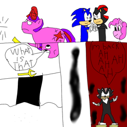 Size: 1000x1000 | Tagged: safe, artist:mylittlebicks, imported from derpibooru, pinkie pie, twilight sparkle, comic:time of pony and animals, abuse of power, crossover, dark magic, magic, mephiles the dark, shadow the hedgehog, sonic the hedgehog, sonic the hedgehog (series)