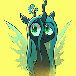 Size: 1753x1753 | Tagged: safe, artist:dawnfire, imported from derpibooru, queen chrysalis, changeling, changeling queen, crown, cute, cutealis, eye clipping through hair, female, horn, jewelry, regalia, simple background, smiling, solo, wings, yellow background