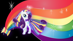 Size: 11383x6400 | Tagged: safe, artist:rainbownspeedash, imported from derpibooru, rarity, pony, absurd resolution, female, glowing horn, horn, multicolored hair, rainbow background, rainbow hair, rainbow power, rainbow power-ified, rainbow tail, solo, wallpaper