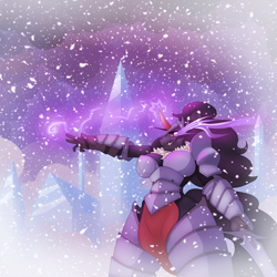 Size: 3000x3000 | Tagged: safe, artist:limebreaker, imported from derpibooru, king sombra, anthro, unicorn, armor, breasts, busty queen umbra, female, loincloth, magic, queen umbra, rule 63, snow, snowfall, solo, sombra eyes, sword, weapon