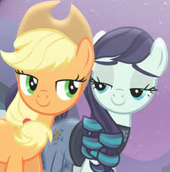 Size: 970x983 | Tagged: safe, imported from derpibooru, screencap, applejack, coloratura, earth pony, pony, the mane attraction, cropped, duo, female, lidded eyes, looking at each other, mare, out of context, rara, smiling, stage