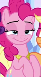 Size: 585x1080 | Tagged: safe, imported from derpibooru, screencap, applejack, pinkie pie, rarity, earth pony, pony, unicorn, the beginning of the end, cropped, element of laughter, faic, female, lidded eyes, mare, out of context, smiling, solo focus